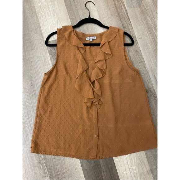 Wishlist Apparel Ruffle Burnt Orange Dot Button Sleeveless Blouse, Size Large - Picture 1 of 15